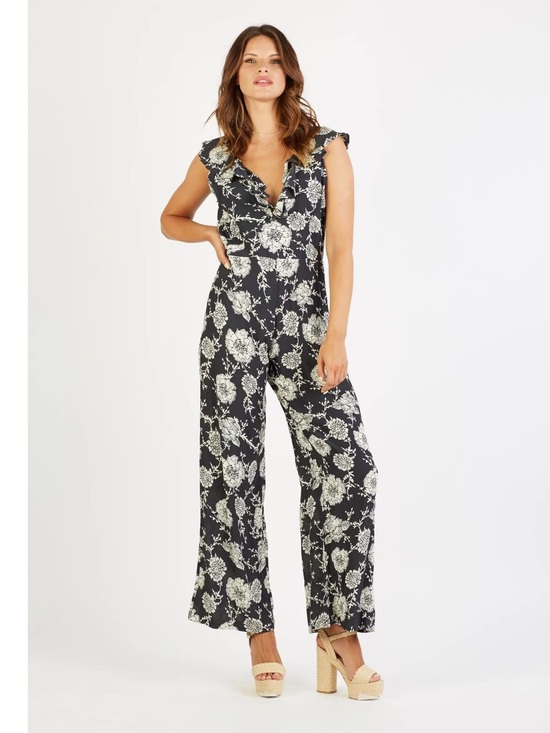 Cleobella Pants - Cleobella Toledo Black and Cream Floral V-Neck Wide-Leg Jumpsuit XS